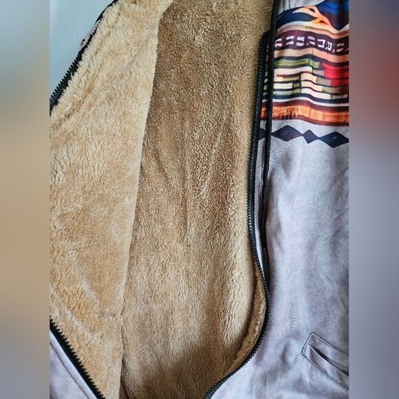Tribal Print Soft Shell Hooded Jacket Men's Sz XL Sherpa Lined Pockets Full Zip - Picture 7 of 10